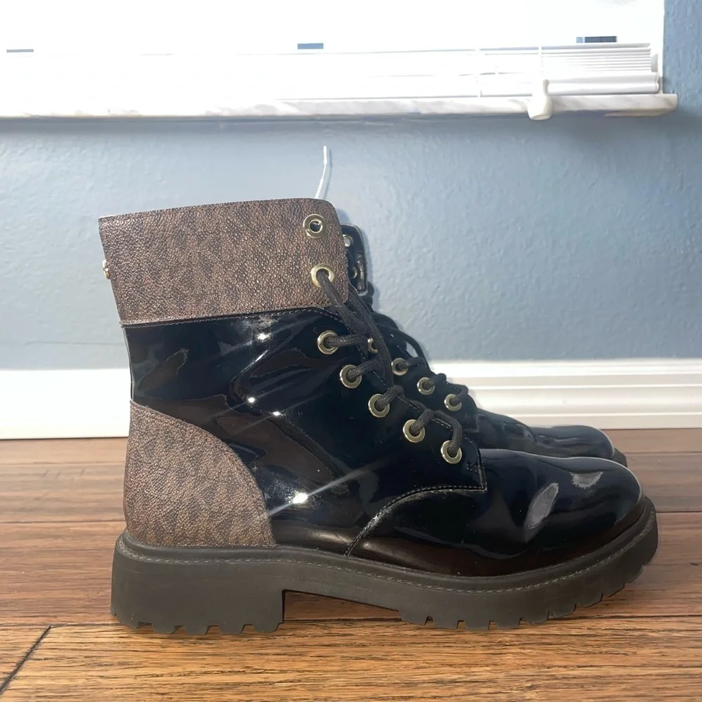 combat boots lace up monogram boots Michael Kors boots chunky boot Glossy black